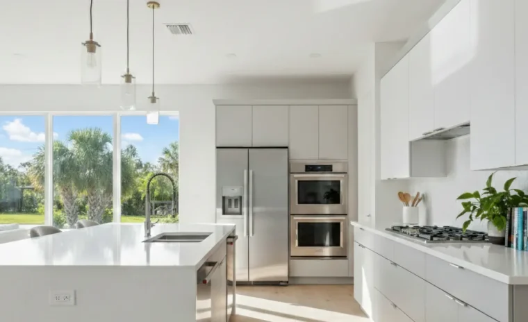 Modern living room with white sofa, blue pillows, fireplace, armchairs, and large windows in a home